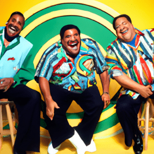 The picture depicts Mussum from the comedy group Os Trapalhões in a vibrant orange and green ensemble, sitting with a sly grin, alongside the group's other members, Dedé Santana and Ailton Graça. They are all laughing and smiling joyfully in the centre of a bright yellow stage with colourful striped curtains in the background. The stage looks like a traditional theatre with blue spotlights in the ceiling, a few balconies for the audience and a royal purple velvet curtain framing the scene. Mussum is rocking his signature orange cap, while Dedé and Ailton wear black berets paired with light denim jeans and striped shirts. Among them, in the centre, are their trademark musical instruments – cowbells, tambourines and guitars.