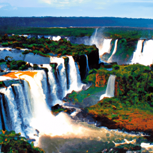 The picture shows a beautiful scene of Iguazu Falls, the largest waterfall system in the world. The mesmerizing view of its powerful and thundering cascades against the backdrop of lush tropical rainforest will leave anyone in awe. The river Iguazu flows majestically into the massive semicircular basin at the bottom. The deep blue-green hue of the roaring water paired with the bright and vibrant foliage of the surrounding vegetation creates a striking contrast. The bright sunshine glistens on the tranquil mist created by the force of the falls, while a crystal blue sky stretches across the backdrop. Visible in the foreground, is a walkway where tourists can observe the majestic falls from a close proximity while feeling its power and energy.