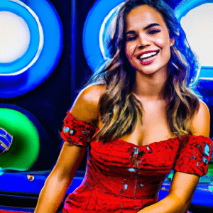 This is a vibrant colored picture of Brazilian actress Bruna Marquezine, Brazilian football star Neymar, and the Brazilian telenovela Deus Salve o Rei set against a backdrop of TV Globo's glittering and famous logo. Bruna Marquezine is wearing a bright red dress with white polka dots and long sleeves. Her hair is in a casual up-do, and she's giving the camera a radiant smile. Neymar is wearing a white shirt, navy blue shorts and shiny white shoes. His dark eyes are gazing directly into the camera. The actors are both standing in a studio-like stage lit by an array of colored lightbulbs. Behind them a large version of TV Globo’s famous logo is standing on a golden pedestal. The logo is a green circle with a "G" in it, and it’s surrounded by a blue-green halo of light and purple stars. The words “Deus Salve o Rei” are written in bright writing just above the famous logo.