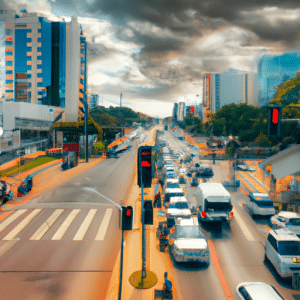 The picture shows a view of the city of Goiânia, Brazil, which is filled with colourful buildings and trees. At the foreground, there is a busy street filled with cars and motorcycles. The street is congested with many vehicles, moving slowly due to the accident. In the background, there are tall office buildings made of glass and steel. The sky is grey and cloudy. The accident has caused much of the traffic to come to a near standstill. The cars in the foreground are honking their horns and the people can be seen getting out of their vehicles to discuss the situation. There are several police and fire brigade vehicles at the scene. People can also be seen running around to help or watch as the emergency services tend to the victims of the accident.