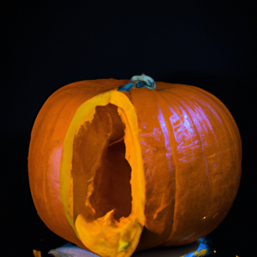 This picture has a Halloween theme, featuring a sweet pumpkin compote. The photo shows a large bright orange pumpkin taking centre-stage in front of a dark and spooky background. It is sitting atop a white, cake-like pedestal and has been expertly cut open, leaving the seeds exposed. The top of the pumpkin has been shaped into a dome-like shape and covered with a blanket of sifted powdered sugar. The compote consists of various autumn-inspired fruits like dark red cranberries, brown walnuts, yellow pears, glossy blackberries, and silvery slivered almonds. Against the dark backdrop, these colourful and succulent fruits, which are emerging from the freshly cut pumpkin, stand out vibrantly. Also in the picture, there are various autumn-leaves, strategically placed around the base of the pumpkin, which further contribute to the Halloween theme.