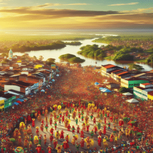 In the picture, the vibrant city of Cuiabá in the State of Mato Grosso comes to life. The foreground showcases a bustling street filled with people in colorful traditional attire, celebrating a local festival. The scene is adorned with vibrant shades of red, yellow, and green, reflecting the rich cultural heritage of the region. In the background, the majestic Pantanal wetlands stretch out, with lush greenery and winding rivers, creating a breathtaking backdrop.