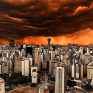 In this picture of São Paulo, the intense heat wave is captured in a striking way. The horizon is dotted with giant thunderclouds, enveloping the sky in an ominous dark orange hue and casting a long shadow on the city. In the foreground, swarms of people, donning the signature sky blue and white Civil Defense uniforms, are hustling through the bustling street to protect its inhabitants from the oppressive temperatures. The yellow-tinted buildings are vibrant against the sun-bleached pavement. A concrete bridge looms in the background of the picture, its archway filled with hastily moving city-dwellers and citizens handling the relentless heat wave.