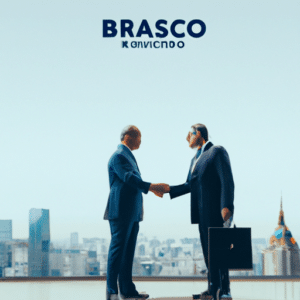 The picture features a vibrant and dynamic scene with a backdrop of a modern city skyline. In the foreground, Luiz Carlos Trabuco Cappi, the Chief Executive Officer of Banco Bradesco, is seen standing confidently, dressed in a sharp suit. He is shaking hands with the President of Brazil, symbolizing a strong partnership between the bank and the government. The colors are bold and professional, with a mix of blues, whites, and greys dominating the scene. The background showcases a bustling financial district, with tall skyscrapers and busy streets, representing the thriving economy and the bank's significant presence in the financial sector.