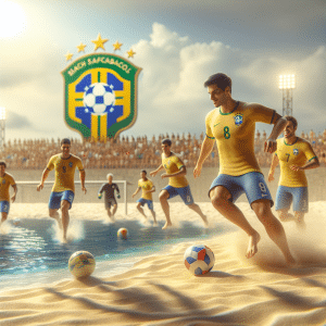 In the picture, set against a vibrant backdrop of golden sand and azure waters, the Brazil national beach soccer team and the Brazil national under-20 football team are engaged in an exhilarating match. Dressed in their iconic yellow jerseys, the players showcase their skills with finesse and passion. The emblem of CONMEBOL is prominently displayed on the players' jerseys, symbolizing their affiliation with the South American football confederation. In the background, the iconic Sampaio Corrêa Futebol Clube logo can be seen, representing the rich footballing heritage of Brazil.