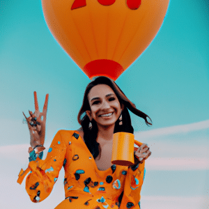 In the picture, Ana Maria Braga is standing next to a hot air balloon, wearing a bright yellow dress and holding a Sílvio Santos Institution mug in her right hand. She is smiling and giving a peace sign with her fingers. The balloon is orange and there are Dubai landmarks like Burj Khalifa, The Palm and Jumeirah Beach Residence printed on it. Behind Ana Maria Braga, there is the sea with a beach and many palm trees, and the sky is filled with white clouds. In the bottom left corner there is the TV Globo logo with its signature blue and yellow colour, and intersecting each other, there is "Mais Você" printed in a light sky blue tone on a white background.