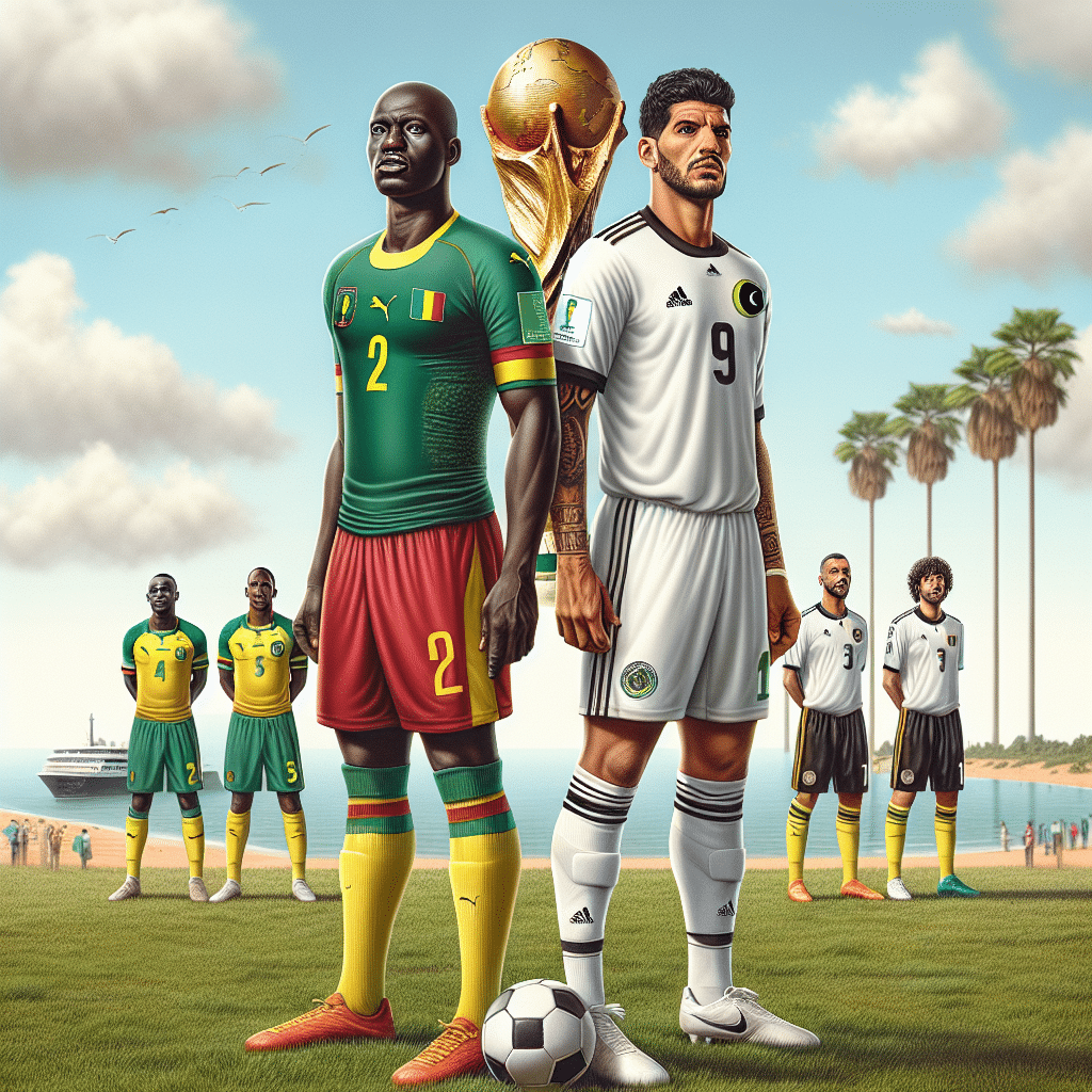 The picture features the Cameroonian and Libyan teams standing side by side at the center, proudly wearing their nation's colors. The Cameroonian team is wearing yellow jerseys with green shorts and socks while the frontman of the team is draped in the country's flag. The Libyan team is wearing white jerseys paired with yellow shorts and white socks. At the back of the teams is a FIFA World Cup logo in black and white that signifies the teams' desire to qualify for the World Cup. In the background is a light blue sky with fluffy white clouds and a view of the Mauritian coastline in the distance, adding to the overall Caribbean-like atmosphere of the scene.