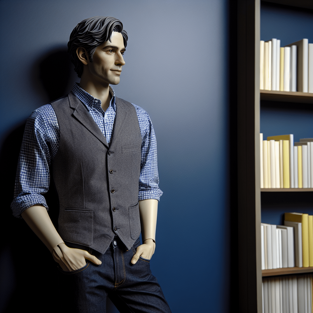 This picture portrays Charles Cosac, wearing a blue and white checkered shirt, a grey vest, and a pair of dark jeans, posing in front of a smooth, navy-blue wall. He is standing in a relaxed manner with one hand in his pocket, looking off to the side with a slight smile. In the background, you can see shelves of white and yellow books from the publishing house, Cosac Naify.