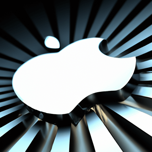 In the picture, a vibrant and dynamic scene unfolds. The foreground showcases a sleek and modern Apple logo, symbolizing innovation and technology. Adjacent to it, a powerful Graphics Processing Unit (GPU) is depicted, exuding energy with its intricate circuitry and cooling fans. The integrated circuit, with its intricate patterns and tiny components, adds a touch of complexity. The colors are predominantly metallic, with shades of silver, gray, and black dominating the scene. The background is a futuristic setting, featuring a blend of abstract geometric shapes and lines, representing the digital realm.