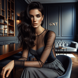 The picture shows Brazilian actress Cissa Guimarães posing for Playboy magazine in a modern, sophisticated living room. She is wearing a sheer grey dress with a fitted black top and looks seductive with her long dark hair in loose waves. Her pose is alluring and her confident gaze captivates. The scene interiors are decorated with wooden furniture and deep grey walls accented with pops of gold giving a luxurious atmosphere. The GNT logo is visible in the bottom corner.