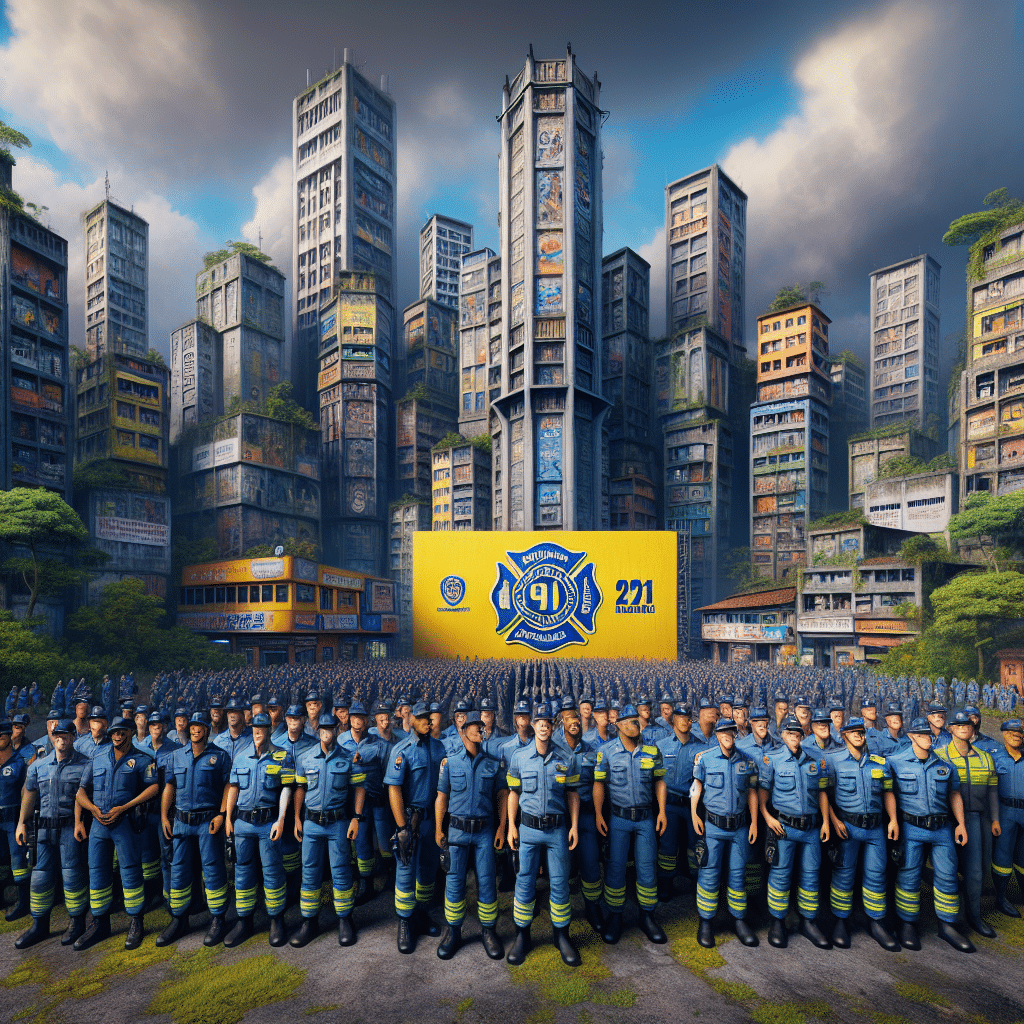 In this picture, a group of firefighters from the military police of Paraíba state, in Brazil, is gathered in front of a banner at a civil service entrance examination. Some of the members are wearing their distinctive blue and yellow uniforms, while others are in casual clothing. The banner is a bright yellow and contains the words “Firefighter Exams” in dark blue letters. Behind the banner and the group of firefighters are several tall buildings and trees. The buildings appear to be a mix of old and new and stretch up towards the sky. The sky is a mix of different shades of blue, going from light to deep. The trees provide some spots of bright green and add a natural feel to the scene.