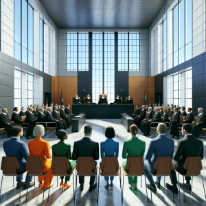 The picture depicts a courtroom scene with a large federal senate of Brazil seated in a semi-circle at the front. In the foreground, seven figures can be seen with bright orange, green and blue clothing standing together. They are identified as representatives from gambling and offshore companies. The environment is clean and contemporary, with grey walls, white window panes, and black and brown chairs. The members of the Senate are all dressed in black robes with white robes over them. Behind the court are tall archways in blue, green, and yellow, representing the Brazilian flag. The floor is made of marble and the room is brightly lit. The figures in the foreground are deep in conversation, with their faces showing concentration. In the background, people in suits mill around, paying attention to what is being discussed.