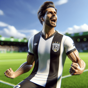 In the picture, Cristian Baroni, wearing the iconic black and white jersey of Sport Club Corinthians Paulista, is seen passionately celebrating a goal. The vibrant green grass of the football field contrasts with the bright blue sky in the background, creating a picturesque scene of triumph and excitement.