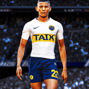 This picture showcases Brazilian footballer Richarlison, playing for English club Tottenham Hotspur F.C. He is dressed in white and navy shorts with the Tottenham Hotspur F.C. crest on it, with a bright yellow Tottenham Hotspur F.C. top contrasting against his dark skin. Richarlison looks focused on the game, and his intensity is accentuated by the pain on his face as he challenges a player from the Brazil national football team. In the background, we can see coach Fernando Diniz directing the players from the sidelines and a large crowd cheering. The grassy pitch makes up the majority of the setting, with bright green, interspersed with patches of brown and grey. The sky is streaked with soft shades of white and blue, which provide the perfect backdrop for the vibrant colors of the players and the stadium.