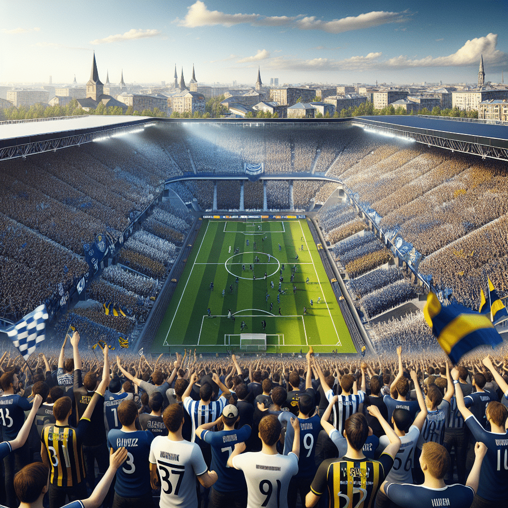 The image shows a large Stadium, which is bathed in sunshine with a blue sky stretching out across it with no clouds in sight. The stadium is filled with supporters from two teams, Paris Saint-Germain F.C. and Newcastle United F.C., who are playing against each other in the UEFA Champions League final match. On the pitch, both teams are wearing their kit: Paris Saint-Germain F.C. in all navy with a white logo, and Newcastle United F.C. in black with a white and yellow badge. They are both aiming to secure the title for their team and country in the French Ligue 1. The fans from both teams can be seen in the stands, all cheering for their team, with some waving flags and banners while others celebrate with hand gestures. The supporters are wearing their own teams' colours and many are dressed in different kinds of hats and face paint to show their pride. The background is made up of buildings and cityscapes from Paris, France, the home of Paris Saint-Germain F.C.