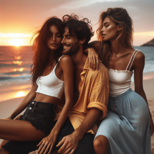 This is a lively picture of Giovanna Ewbank, Bruno Gagliasso, and Angélica. The three of them are standing on a beach in front of a beautiful sunset, with the orange-pink hues of the sky reflecting off the ocean behind them. They are smiling and laughing, looking like three close friends enjoying the moment. Giovanna has her arms around the shoulders of both Bruno and Angélica. She is wearing a white sleeveless shirt and black shorts, her dark hair blowing in the wind. Bruno is wearing a yellow button-down shirt and dark blue pants, with a relaxed smile on his face. Angélica is wearing a white tank top and long light blue skirt, her blonde hair pulled back in a messy bun. The sky behind them is a deep pink with a bright yellow and red in the top left corner, the horizon transitioning from a deep blue to a lighter blue-green. The sound of the surf and seagulls rises in the air, as the three friends pause and take in the moment.