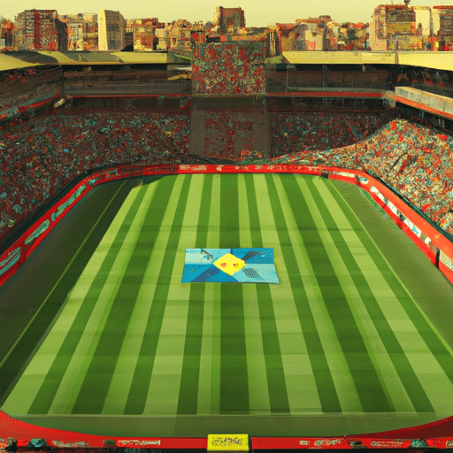 The picture displays a sports stadium with a festive atmosphere, filled with bright yellow and maroon stands and flags of Rayo Vallecano (white and red), CD San Roque de Lepe (blue and white) and Girona FC (white and deep blue). On the field, the teams of LaLiga 2 and Tercera Federación are playing the match for the Copa del Rey semifinals. On the background the LaLiga logo is visible and, among a cheering crowd, the Clube Atlético Mineiro logo stands out in its signature bright yellow and green.