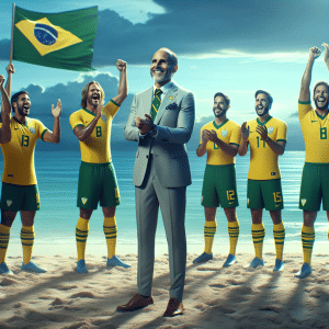 This picture captures a moment of celebration with Brazilian coach Fernando Diniz, the Brazil national football team and their assistant coach Dado Cavalcanti. They are all wearing the yellow and green of the Brazil team, with Diniz wearing a light grey suit with a tie covered with the famous Brazilian symbol; they are all with smiling faces, their joined hands raised in a victory celebration. The bright blue sky can be seen in the background with the blue ocean in the foreground overlooking a sandy beach. The atmosphere is friendly and joyful, the people are bonding with each other, uniting in victory and happiness.