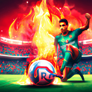 This picture shows a Fluminense FC Academy player in a blue and green kit, kicking a football against a fiery red background of flames. Behind the player is head coach Fernando Diniz with his arms outstretched in celebration. The player is competing in the Campeonato Brasileiro Série A and the Fluminense FC logo is printed on the shirt.