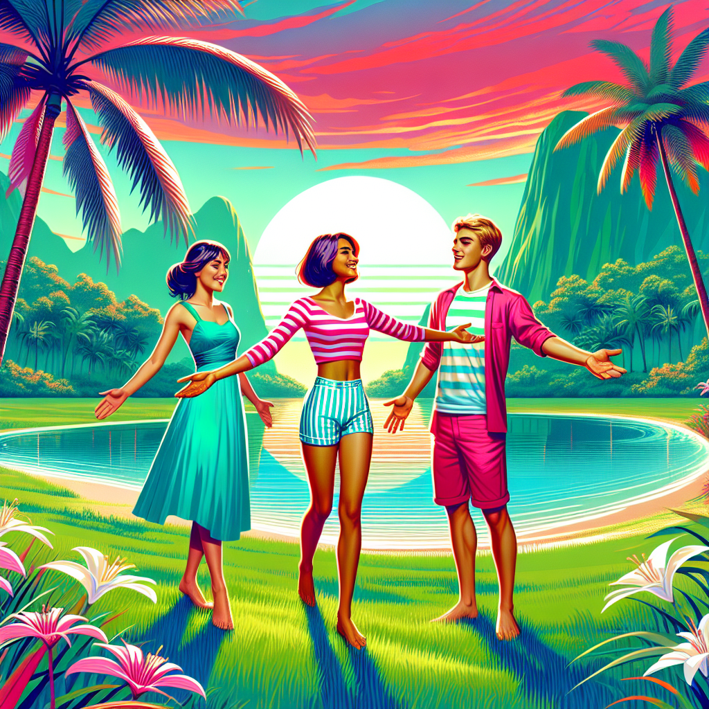 The picture features Calcinha Preta, Silvânia Aquino and Breast together in a vibrant tropical setting. They stand together in a circle on a lush green grassy field with a bright clear sky above them. Calcinha Preta, wearing a pink crop-top and striped shorts, stands in the center with her arms spread wide in a welcoming embrace. She is flanked to her left by Silvânia Aquino, wearing a bright blue dress, and to her right by Breast, wearing a white and red striped bikini top. The sky behind them is filled with a stunning sunset, with pinks, oranges and reds blending into each other in a dreamy backdrop. The green landscape surrounding them is dotted with tall palm trees and a cool, crystal-clear blue lake in the background, making for a relaxing and uplifting atmosphere.