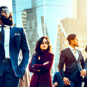 In the picture, set against a backdrop of a bustling cityscape, a diverse group of investors is depicted in a modern and professional style. The foreground showcases a confident investor, dressed in a sharp suit, engaged in a conversation with a group of individuals, symbolizing the investment fund team. The scene exudes a sense of collaboration and expertise, with the investors attentively discussing investment strategies and analyzing data on a sleek, high-tech table. The color palette predominantly consists of cool tones, such as shades of blue and gray, reflecting a sense of trust, stability, and professionalism. The background showcases a panoramic view of the city, emphasizing the dynamic and fast-paced nature of the investment world.