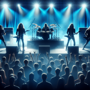 The picture shows a stage with 4 musicians on it. Megadeth's Dave Mustaine and Kiko Loureiro, Angra's Kiko Loureiro, and Wintersun's Teemu Mäntysaari are playing heavy metal music, each playing an instrument. They are all decked out in black with the lively energy of the stage and bright lights giving the picture an intense vibe. The audience in the background is silhouetted against a palette of vivid blues.