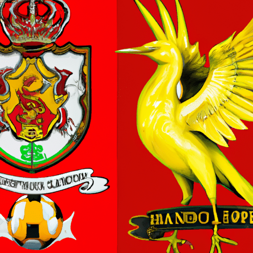 The picture shows the Liverpool F.C. emblem alongside the Colombian and Colombian national football team emblems. The emblem is a red background with a Liverbird standing in the centre, wearing a yellow crown, in its talons, and two yellow ribbons draped below it. On either side of the Liverbird are the emblems of the Colombia and Colombia national football teams; the Colombian emblem on the left is a yellow background with a striped blue, red and yellow shield in its centre, whilst the emblem on the right is mainly blue and red with a yellow crest and the words 'Colombia National Football Team'. The background of the picture is a vivid green, with a stylized view of a bright blue sky and a sun bursting out of the clouds.