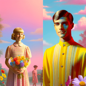 In the picture, Luísa Sonza is seen wearing a bright yellow dress with a high neckline and a straight silhouette. The dress stands out against the pink, pastel background and Melody is standing in front of the singer, holding a colorful bouquet of flowers in her hands. Luísa is looking at the camera with a warm and smiling expression. The sky is seen in the background in various shades of blue and pink.