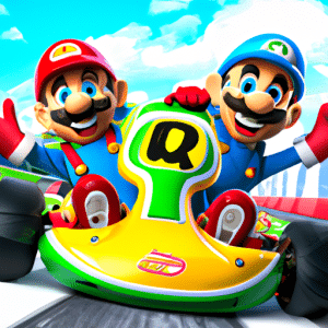 The picture is of a video game from the Mario Kart 8 Collection. It features Mario and Luigi behind bright, colorful designs on a blue background. The two are jumping in their karts, ready to race around the track. The downloadable content features a shining gold trophy, indicating the reward at the end of the track. In front of the trophy lies several cycling power-up boxes, signifying the various boosts racers can acquire in the game.