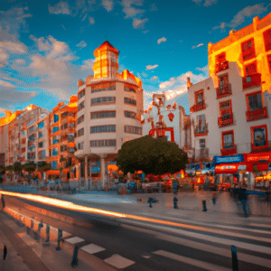 The picture depicts a bustling street market scene with vibrant colors and a lively atmosphere. In the foreground, various characters are seen shopping at different supermarkets like Mercadona, El Corte Inglés, Portugal, Auchan, Consumer, and Pingo Doce. The background showcases a diverse range of stalls selling fresh produce, clothing, and other goods.