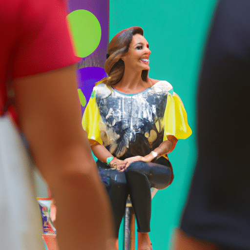 In the picture, Ana Maria Braga, the famous Brazilian TV host, can be seen standing in front of the camera at the Mais Você show hosted at the Dubai Mall. She is wearing a black and white printed long skirt, paired with a bright yellow sleeveless blouse with a black oval print. She is holding a white and orange balloon with TV Globo written on it in red. Behind her numerous blue, white, and yellow balloons with TV Globo written on them have been released and are creating a midair field of vibrant colors that floods the scene. The sun is streaming in from behind her, highlighting the vibrant colors of the balloons and Braga against the beautiful setting of the Dubai Mall. The background of the picture shows a wall of green plants, and in the far back, The Burj Khalifa can be seen, as its spire overlooks the Dubai Mall.