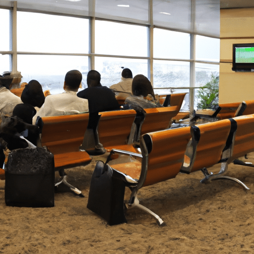 The picture is showing a luxurious airport lounge with airport staff and passengers from BRB-Banco de Brasilia SA, Banco Inter waiting to board their flight at São Paulo-Guarulhos International Airport. The colour scheme is mainly earth tones with beige furniture and green walls. The passengers are dressed smartly in black suits and dresses and seem to be enjoying the lounge facilities while they wait. The background shows the departure gate and airport buildings through the windows.