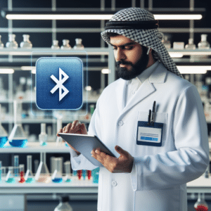 In the picture, a scientist wearing a white lab coat is seen holding a tablet device with a Bluetooth symbol displayed on its screen. The scientist is standing in a modern laboratory with a background consisting of shelves filled with scientific equipment and colorful test tubes. The scene depicts the scientist engaged in data communication via Bluetooth technology, symbolizing the seamless transfer of information in a scientific setting.