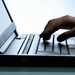 The picture shows a laptop with Microsoft Windows Operating System installed on it. It has a dark silver metallic finish, a bright, backlit display, and the Windows logo is clearly visible. A person is in the foreground, focused intently on the laptop screen, tapping enthusiastically at the keys. In the background, the room is bathed in a warm yellow hue, with an array of bookshelves filled with books.