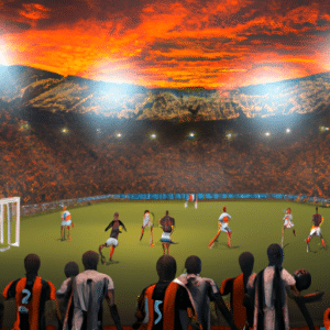 The picture features a Grêmio Novorizontino soccer match in a grand stadium. The match is taking place at night, with an orange hue in the sky due the setting sun. The foreground of the image is packed with passionate players in orange, white and black jerseys and kits, with both teams lined up in anticipation. The players are standing against the backdrop of fans in the stands, waving flags, cheering and celebrating the start of the match.