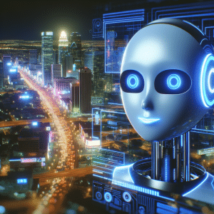 In the picture, a vibrant scene unfolds with a futuristic touch. In the foreground, an AI-powered chatbot stands, exuding a sleek and modern design. Its interface displays a friendly and approachable demeanor. The background showcases a bustling cityscape, illuminated by neon lights, symbolizing the integration of AI technology into our daily lives.