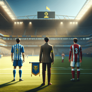 The picture consists of three figures, all of which are in blue and white striped uniforms, representing Atlético de Madrid, Feyenoord, and the UEFA Champions League. On the left of the image, there is a player in a blue and white striped jersey and a yellow pennant worn over his left shoulder, representing Atlético de Madrid. On the right there is a red and white jersey-wearing player with a red and white pennant, signifying Feyenoord. In the centre of the image, standing between the two players, there is a figure in a light blue UEFA Champions League jersey with a yellow Champions League logo on the front of the jersey. In the background is a stadium with its stands full of spectators and a large scoreboard above the stands flashing the UEFA Champions League logo. The sky above the stadium is a cloudless deep blue, and the green grass looks freshly cut.