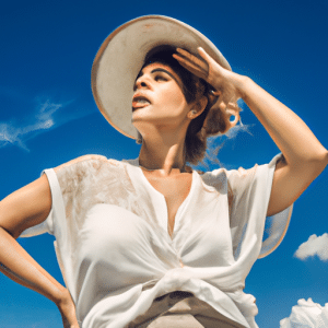 The photograph depicts Andrea Beltrão, a renown Brazilian actress, basking in the Rio de Janeiro sun during a heat wave. She stands confidently against a backdrop of light blue sky and stark white clouds. She wears a beige ruffled blouse and a white sun hat, while her hands rest firmly atop a white balcony railing. In the background, the slums and high-rise buildings of Rio de Janeiro sparkle in the distance.