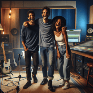 This picture features Brazilian singers Zezé Di Camargo and Zilú Godoy with the American singer/songwriter Fake. All three are smiling broadly and appear to be in a recording studio of sorts, with several instruments and sound equipment visible in the background. The trio are dressed casually, with Zezé wearing a dark blue long-sleeved shirt, jeans, and black shoes; Zilú wearing a white tank top and blue jeans; and Fake sporting a white T-shirt, denim shorts, a black brimmed hat, and sneakers. The room behind them is lit up with brightly colored blue and white lights, and the walls are painted in two shades of blue. There are several light fixtures, cables, and other recording equipment visible. The upbeat mood of the picture radiates from the glowing smiles of the three musicians.