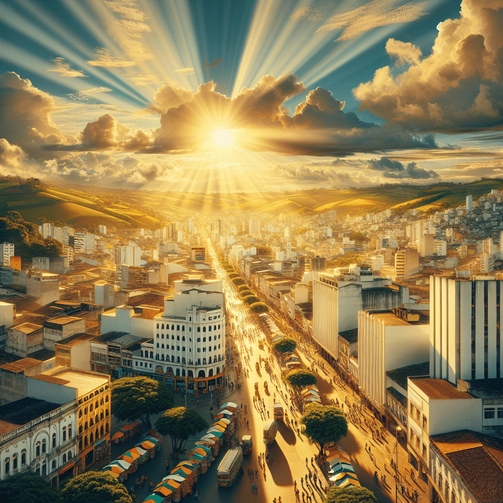 This picture shows Cuiabá in the sunshine, with the golden rays bathing the city in a warm radiance. The buildings on the front are tall and white with many windows blanketing the streets, while in the background we can see rolling hills and trees, with the bright blue sky above. The streets are bustling with people in bright-colored clothing, and a vibrant energy radiates from the market stalls on the side of the road. The whole city looks rich with its white and yellow hues, and there is a feeling of peace and joy that pervades the atmosphere.