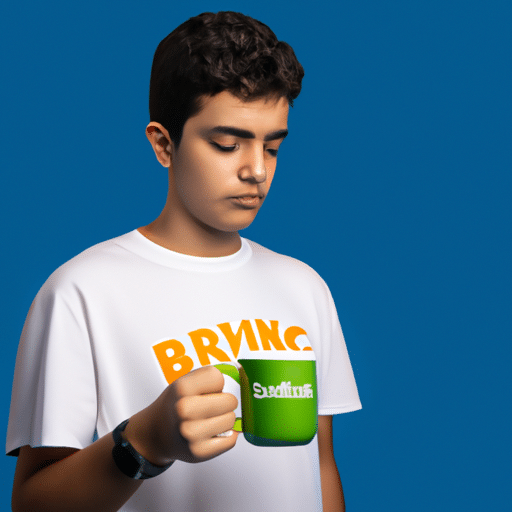 The picture features Luccas Carlos standing against a blue backdrop. He has short brown hair and is wearing a white t-shirt with a bright green BK logo on the front. His face is turned slightly to the left and he's gazing down while holding a yellow-orange cup. Behind him there are grey clouds and a bright blue sky. The scene conveys a feeling of summer warmth.