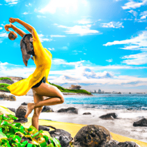 This photo depicts a beautiful summer day in Rio de Janeiro. Jade Picon is pictured playing footvolley on the beach in the foreground. She is wearing a vibrant blue and yellow bikini, her long black hair swaying in the breeze as she leaps into the air to strike the ball for a powerful serve. The sun is setting, radiating its warm light over the rocky mountains and lush palm trees in the background. The sand is a golden hue, and the waves of the ocean froth and rush against the shore.