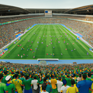 The picture is of a football (soccer) stadium in Brazil. It shows an aerial view of a packed crowd of fans, all wearing different brightly coloured jerseys and flags supporting the Campeonato Brasiliense team. In the foreground, the stadium pitch is clearly visible, with team members running around on it and a few referees standing in the middle. The stands surrounding the pitch are filled with a passionate sea of faces, eager to show their support. The background features a beautiful sky in shades of orange, yellow and blue.