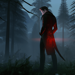 The picture shows Alan Wake, a protagonist of the game, standing on top of a mountain surrounded by a mystical green light. He is dressed in a long dark coat and a red shirt. He is facing towards a dark wood filled with fog and uneven trees. The sky is black with stars twinkling, a full moon illuminating the background. Remedy Entertainment's logo is visible in the bottom right corner.