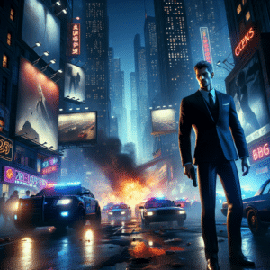 The picture showcases a vibrant cityscape at dusk, with towering skyscrapers casting long shadows. In the foreground, a suave protagonist from Rockstar Games' Agent stands confidently, dressed in a sleek black suit. The character is surrounded by chaos, with police cars chasing a stolen vehicle, and explosions illuminating the scene. The background features a mix of neon lights, billboards, and bustling streets, creating a gritty and atmospheric setting. The color palette predominantly consists of deep blues, contrasting with the bright lights and fiery explosions.