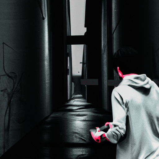 The picture is of an intense scene that is happening in a small alleyway. The colors are a mix of black, white, red, and some gray tones. In the center of the picture is a character wearing baggy clothing and holding an Xbox controller. He is focused on a Yakuza walking towards him that is wearing a red sports coat, and equipped with a shotgun. The alleyway behind them, is filled with dumpsters, and other discarded items. The walls are streaked with graffiti.