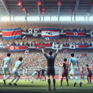 This picture shows a match between the Syria national football team and the Japan national football team during a FIFA World Cup qualification match in North Korea. The entire stadium is packed with football fans, cheering and waving flags from both teams. In the foreground, all the players from both teams are in intense competition. On the Japan side, the players wear white and light blue jerseys, while on the Syria side, the players wear dark red jerseys. On the right side of the picture, the referee can be seen standing in the center of the field and raising his hands to signal a foul, while other people in the background watch the game and cheer. The crowd is full of people wearing traditional Korean outfits, and many North Korean flags hang from the walls of the stadium, giving the picture a vibrant and lively atmosphere.