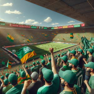 The picture is of a stadium filled with thousands of Palestinian supporters waving green, yellow, and red flags - the colours of the Palestine national football team. The event is a FIFA World Cup qualification match between the Palestine national football team and the Australian team. A group of men in the stands wearing green Hamas baseball caps and holding scarves in the same colour can be seen in the upper right-hand corner of the image. The sky is blue and a few clouds can be seen in the far background. The stadium is bathed in sunshine and the atmosphere is electric. There are banners and flags of various other teams written in both Arabic and English, showing a mix of Lebanese and Palestinian pride.