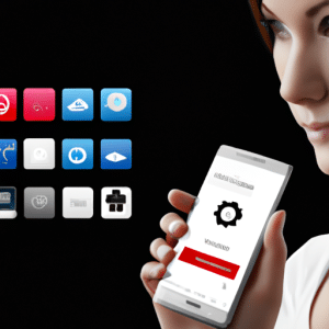 A white user interface screen with Samsung Electronics branded at the top is displayed. A black background is seen with a red Samsung logo in the middle, surrounded by simple icons of settings, music, power, home and Wi-Fi. A woman with one hand on her chin and the other touch a blue button at the bottom right of the screen, indicating she is in control and setting up something.