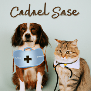 This picture is of a white and brown dog and a white and grey cat sitting side-by-side while a veterinarian administers the rabies vaccine to both of them. The dog is wearing a collar and the cat has a leash around its neck, both of them patiently sitting. In the background, the veterinary office is visible; the walls are painted light blue and there are various medical posters with images of animals on them. The veterinarian is wearing blue scrubs and a white lab coat and they have an automatic syringe in their hands to administer the vaccine. The syringe is filled with a yellow-ish liquid.